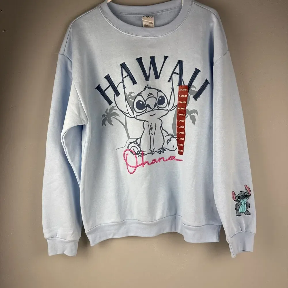 Disney Sweatshirt Womens XL Stitch Blue Hawaii Ohana Embroidered Crew Neck - Picture 1 of 7